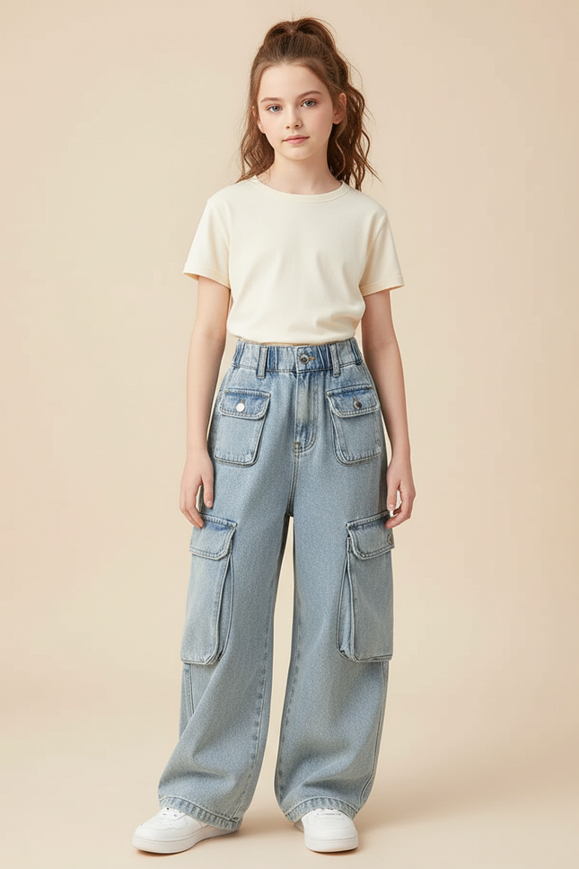 Pantalon Cargo Jean Ample Poches Denim Enfant - Bleu