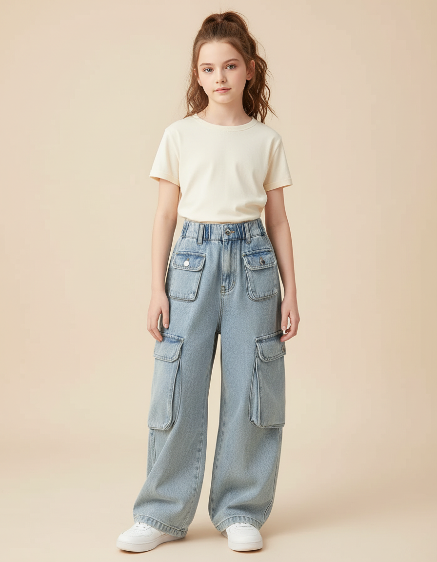 Pantalon Cargo Jean Ample Poches Denim Enfant - Bleu