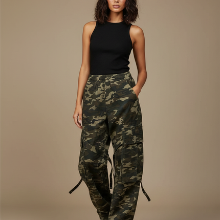 Pantalon Cargo Camouflage Ample Décontracté Femme - Kaki Toile