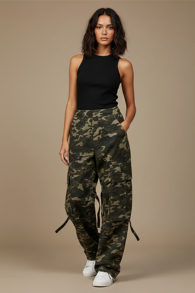 Pantalon Cargo Camouflage Ample Décontracté Femme - Kaki Toile