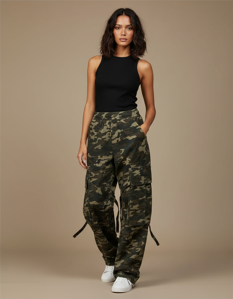 Pantalon Cargo Camouflage Ample Décontracté Femme - Kaki Toile
