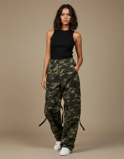Pantalon Cargo Camouflage Ample Décontracté Femme - Kaki Toile