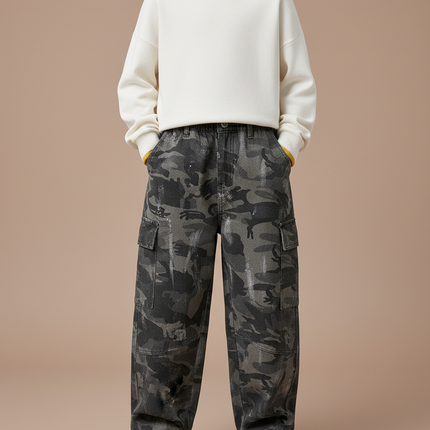 Pantalon Cargo Camouflage Gris Ample Garçon - Jean