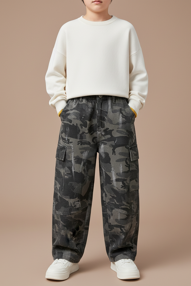 Pantalon Cargo Camouflage Gris Ample Garçon - Jean