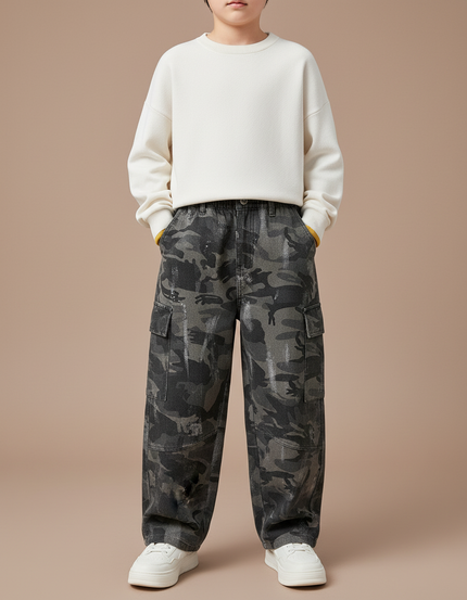 Pantalon Cargo Camouflage Gris Ample Garçon - Jean