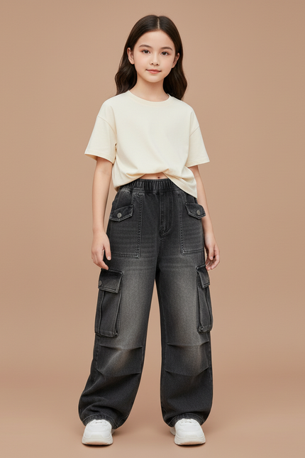 Pantalon Cargo Gris Ample Denim Enfant - Jean