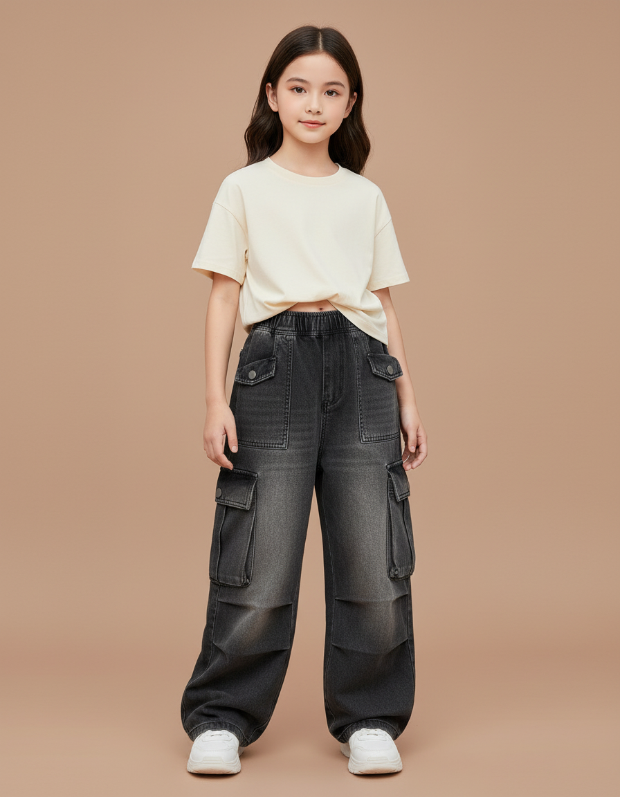 Pantalon Cargo Gris Ample Denim Enfant - Jean