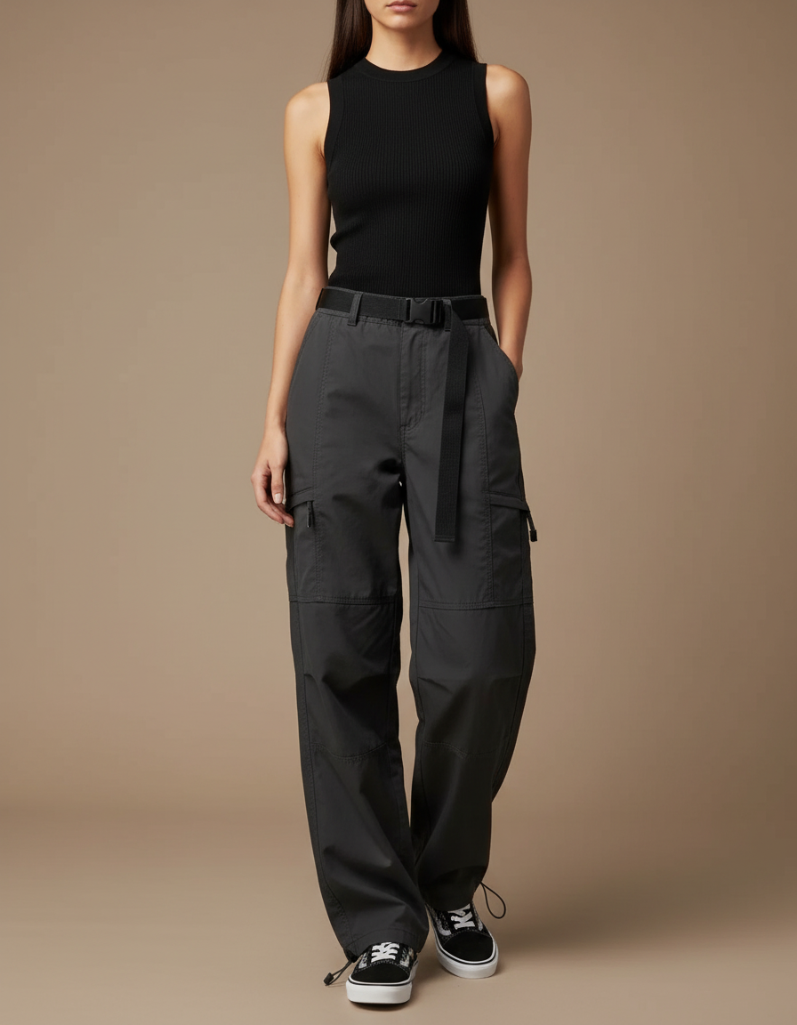 Pantalon Cargo Gris Ample Décontracté Léger Femme - Polyester