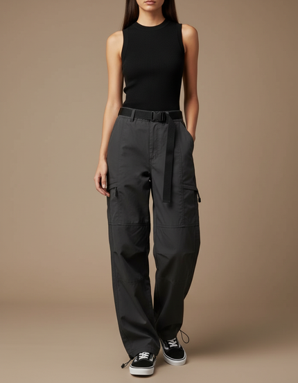 Pantalon Cargo Gris Ample Décontracté Léger Femme - Polyester