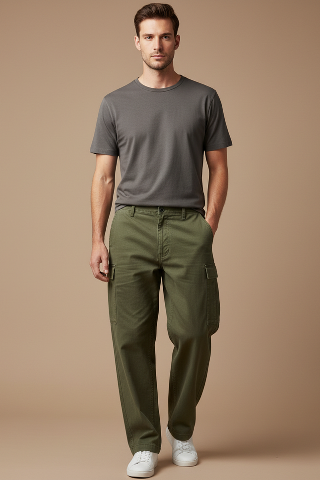 Pantalon Cargo Vert Militaire Coton Ample Multipoches Décontracté - Kaki Toile