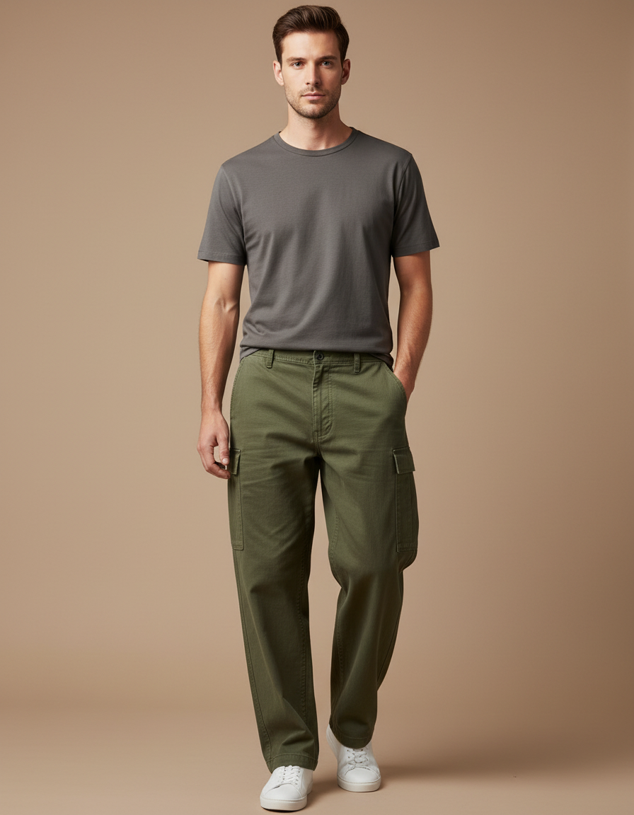 Pantalon Cargo Vert Militaire Coton Ample Multipoches Décontracté - Kaki Toile
