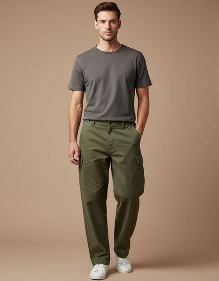 Pantalon Cargo Vert Militaire Coton Ample Multipoches Décontracté - Kaki Toile