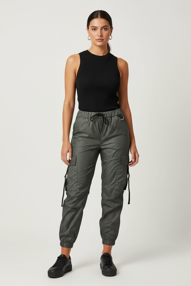 Pantalon Cargo Vert Militaire Fluide Cordon Femme - Kaki Polyester