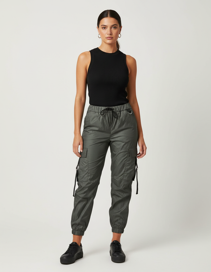Pantalon Cargo Vert Militaire Fluide Cordon Femme - Kaki Polyester