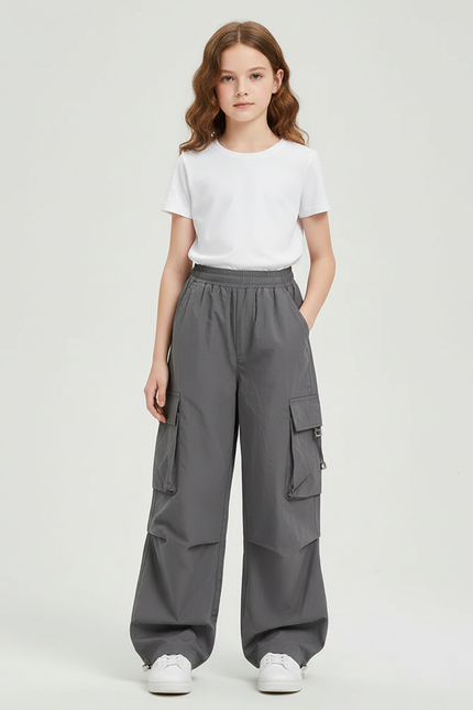 Pantalon Cargo Gris Ample Multipoches Fille Décontracté - Polyester