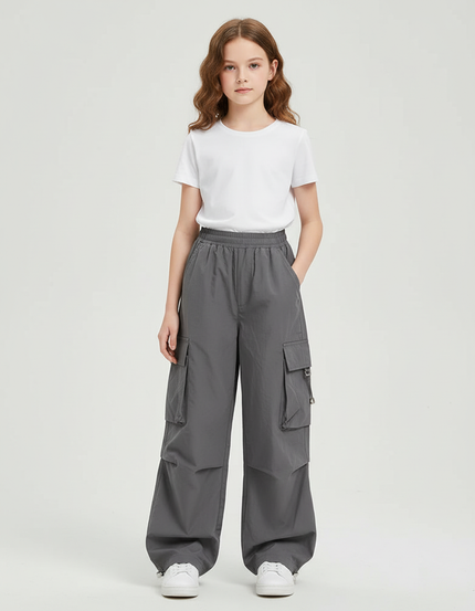 Pantalon Cargo Gris Ample Multipoches Fille Décontracté - Polyester