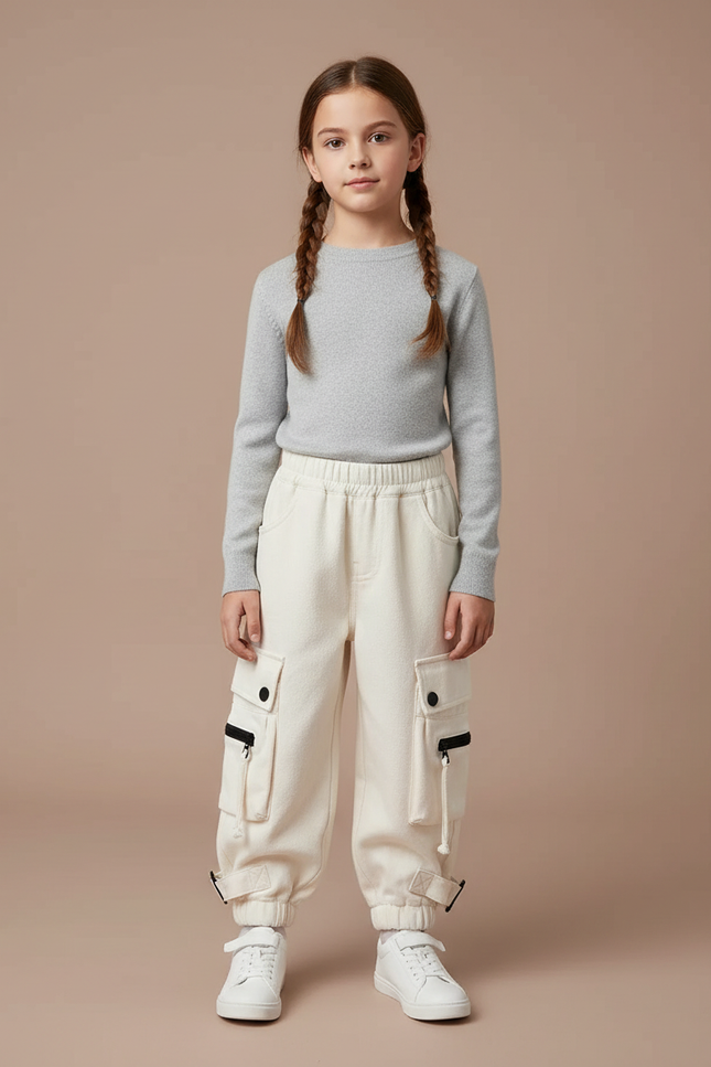 Pantalon Cargo Beige Ample Molleton Multipoches Enfant