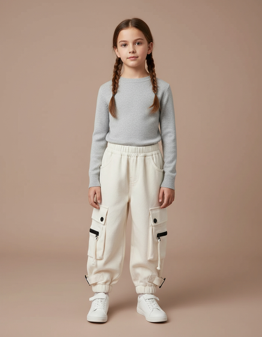 Pantalon Cargo Beige Ample Molleton Multipoches Enfant