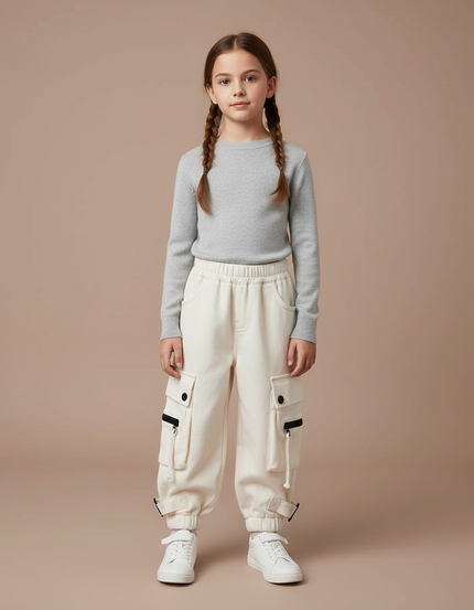 Pantalon Cargo Beige Ample Molleton Multipoches Enfant