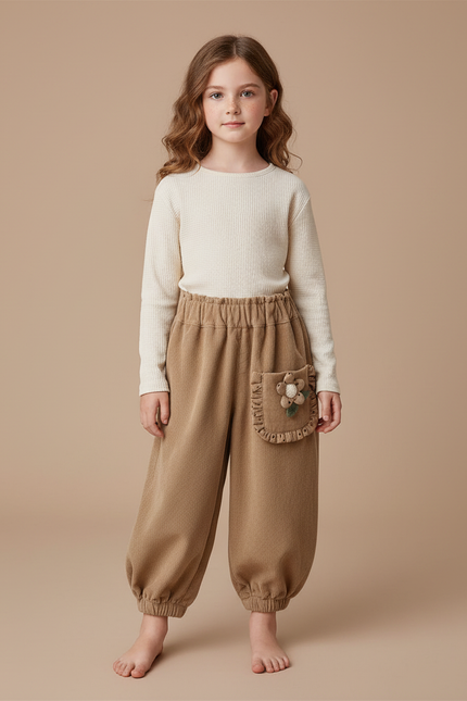 Pantalon Cargo Beige Ample Côtelé Fille - Camel Cordé