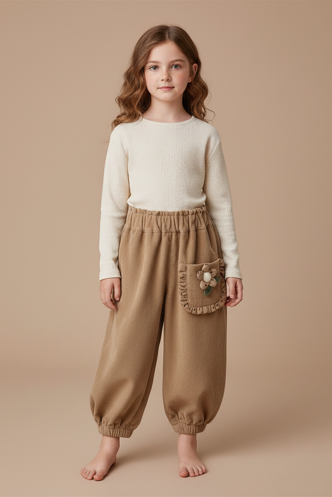 Pantalon Cargo Beige Ample Côtelé Fille - Camel Cordé