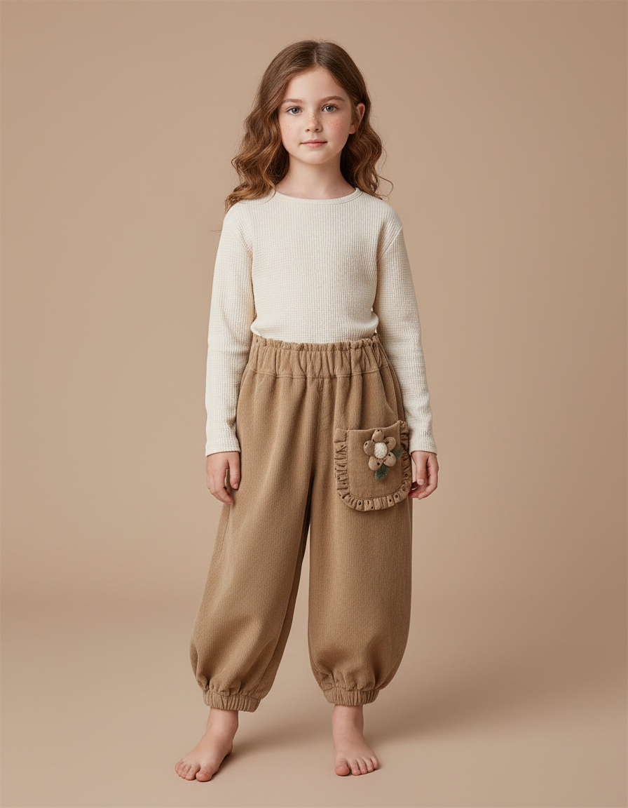 Pantalon Cargo Beige Ample Côtelé Fille - Camel Cordé