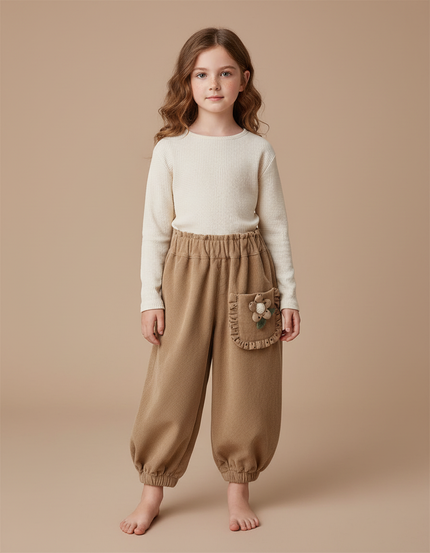 Pantalon Cargo Beige Ample Côtelé Fille - Camel Cordé