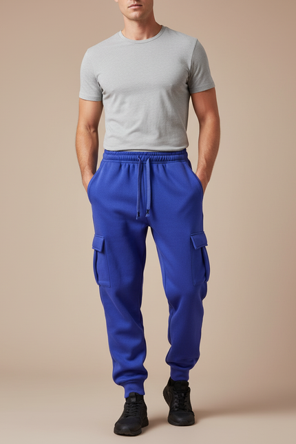 Pantalon Cargo Bleu Molletonné Ample Multipoches Homme