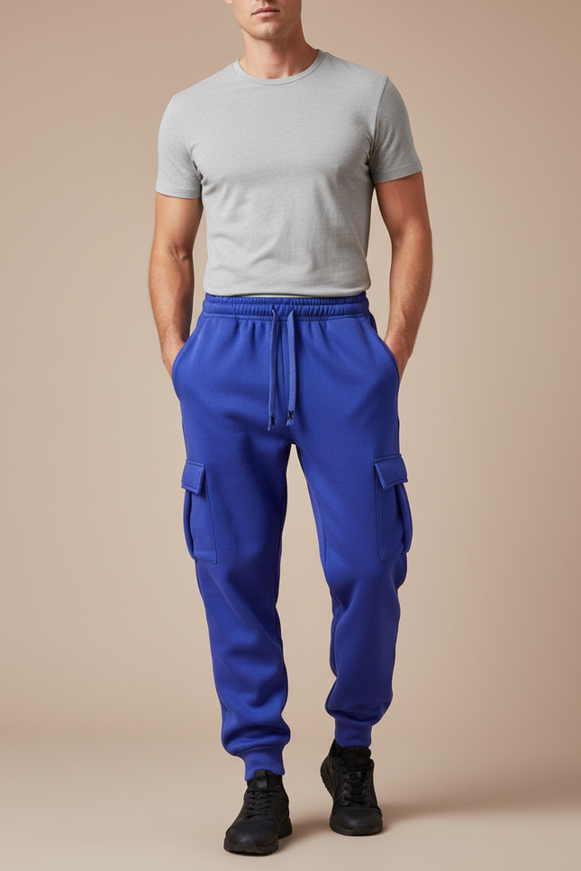 Pantalon Cargo Bleu Molletonné Ample Multipoches Homme