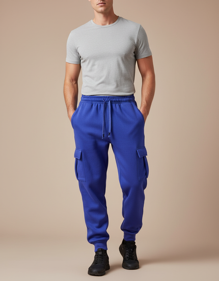 Pantalon Cargo Bleu Molletonné Ample Multipoches Homme