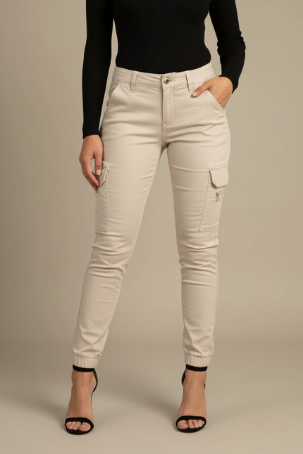 Pantalon Cargo Beige Slim Coton Femme Élégant - Gabardine