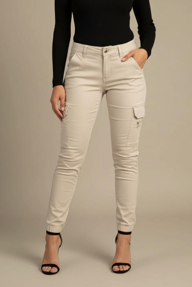 Pantalon Cargo Beige Slim Coton Femme Élégant - Gabardine