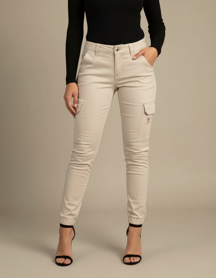 Pantalon Cargo Beige Slim Coton Femme Élégant - Gabardine