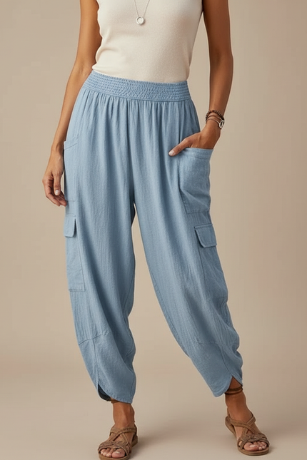 Pantalon Cargo Bleu Lin Ample Femme Décontracté