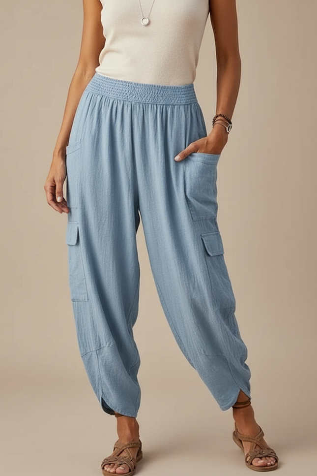 Pantalon Cargo Bleu Lin Ample Femme Décontracté