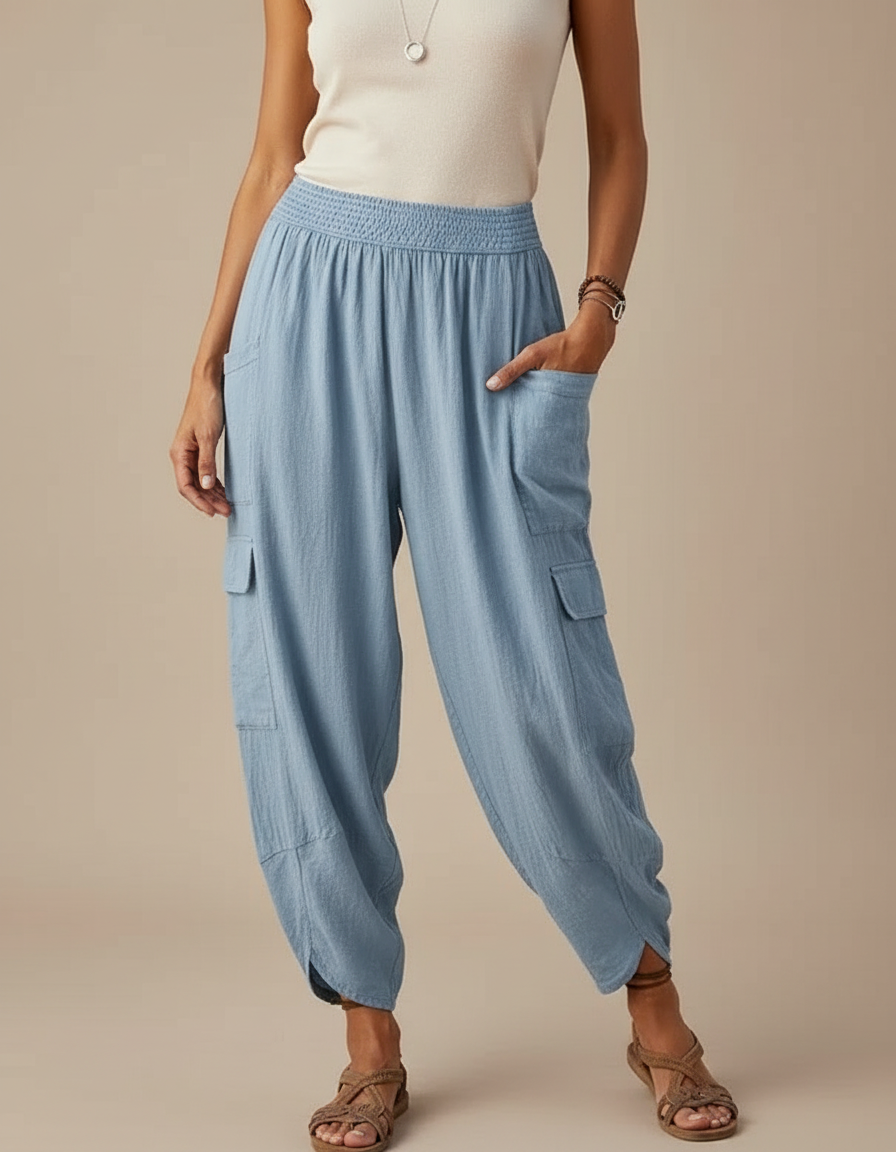 Pantalon Cargo Bleu Lin Ample Femme Décontracté