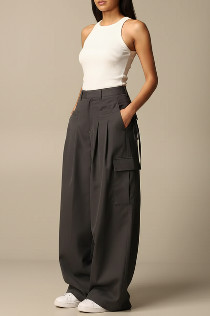 Pantalon Cargo Gris Ample Fluide Femme - Polyester