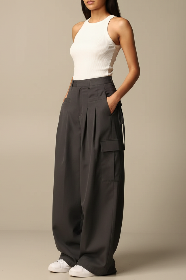 Pantalon Cargo Gris Ample Fluide Femme - Polyester