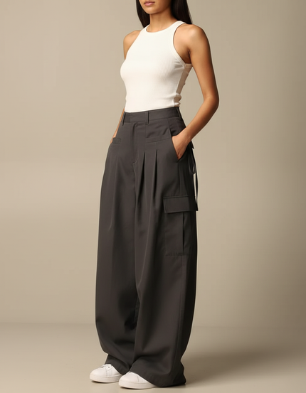 Pantalon Cargo Gris Ample Fluide Femme - Polyester