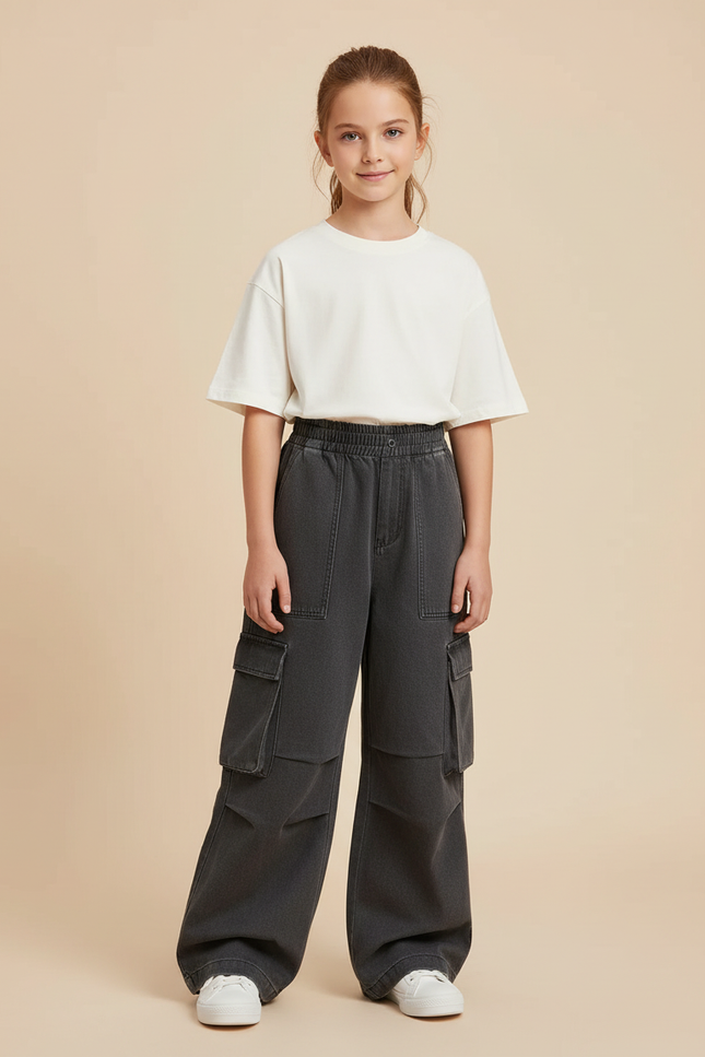 Pantalon Cargo Gris Ample Denim Fille Décontracté - Jean