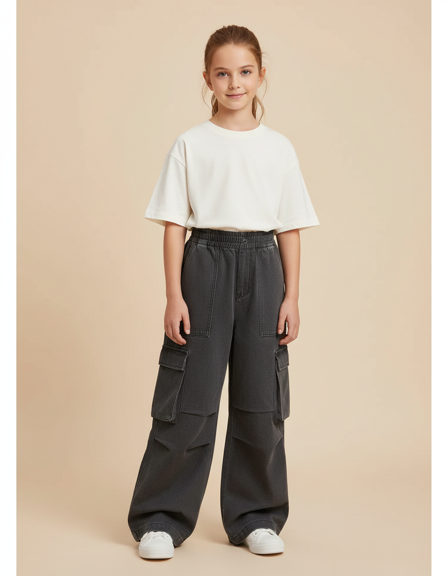 Pantalon Cargo Gris Ample Denim Fille Décontracté - Jean