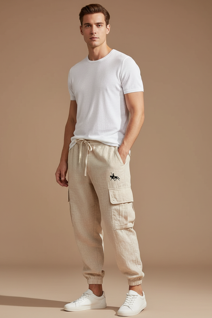 Pantalon Cargo Beige Lin Coton Décontracté Homme