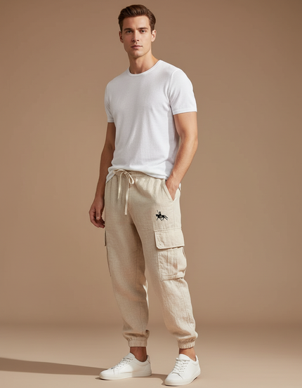 Pantalon Cargo Beige Lin Coton Décontracté Homme
