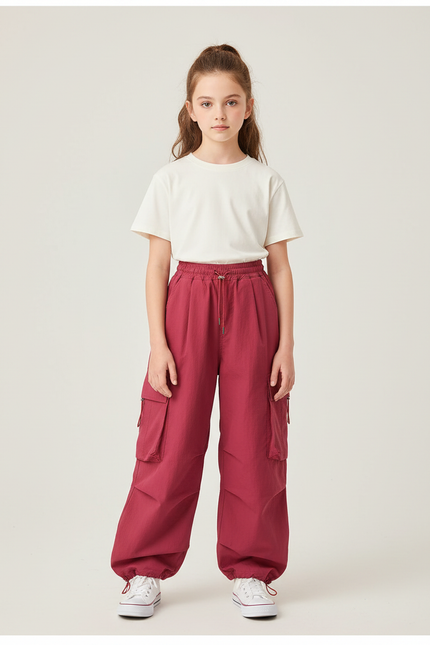 Pantalon Cargo Rose Ample Décontracté Multipoches Fille - Bordeaux Polyester