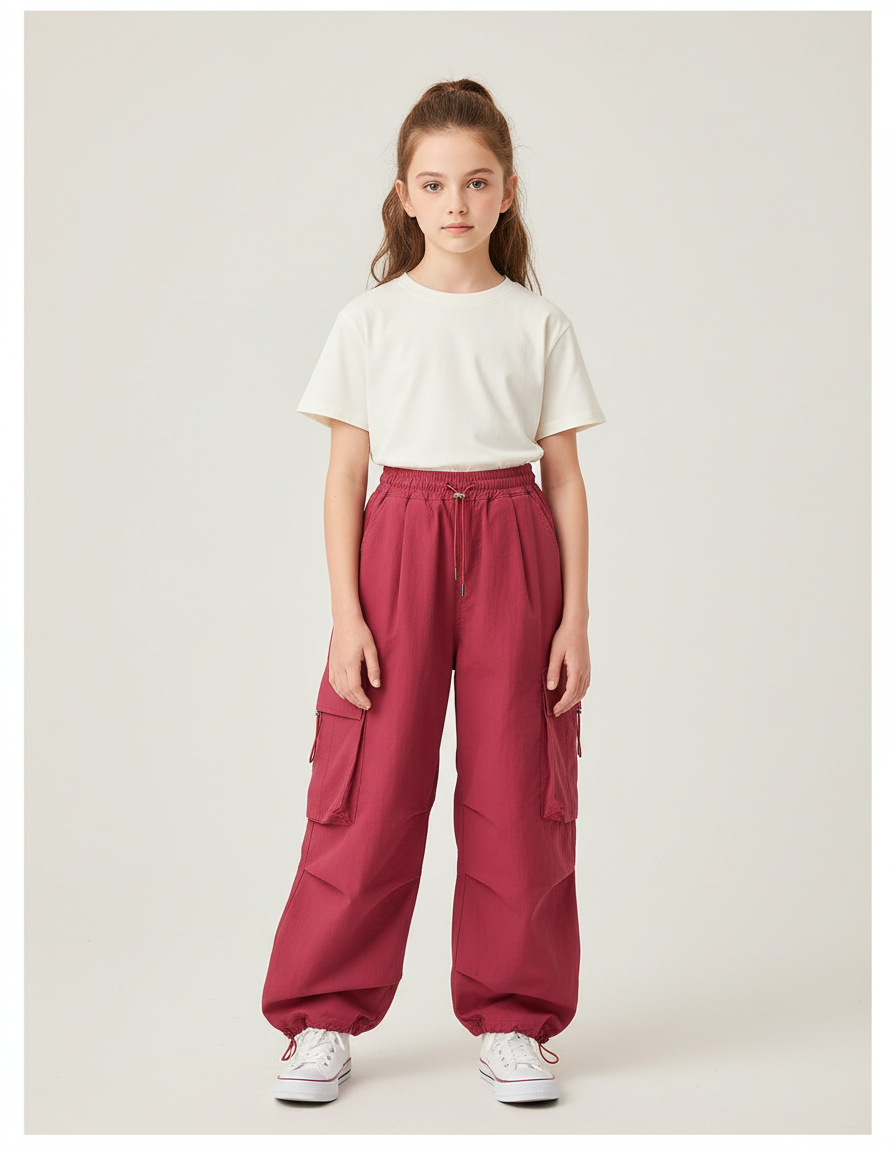 Pantalon Cargo Rose Ample Décontracté Multipoches Fille - Bordeaux Polyester