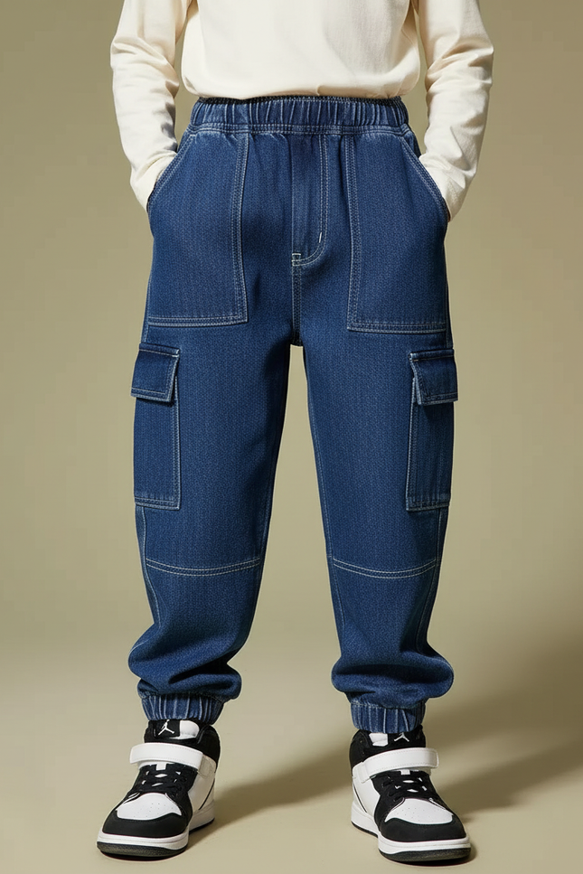 Pantalon Cargo Denim Bleu Ample Élastiqué Enfant - Jean