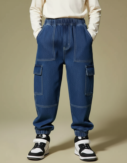 Pantalon Cargo Denim Bleu Ample Élastiqué Enfant - Jean
