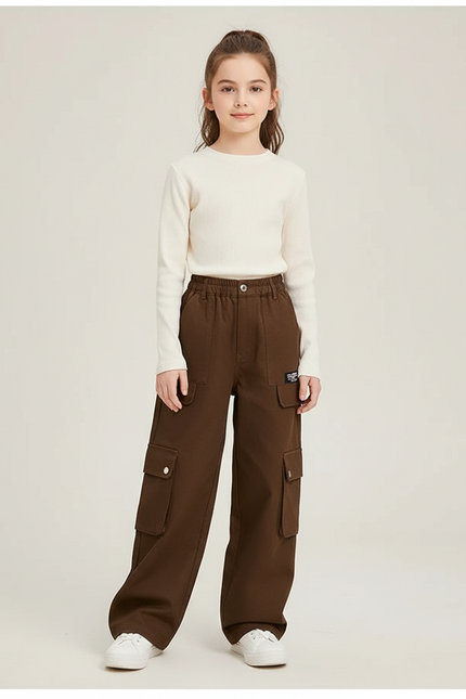 Pantalon Cargo Marron Ample Multipoches Enfant Fille - Toile