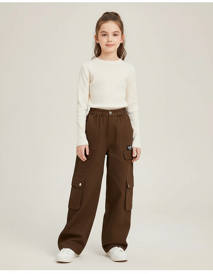 Pantalon Cargo Marron Ample Multipoches Enfant Fille - Toile