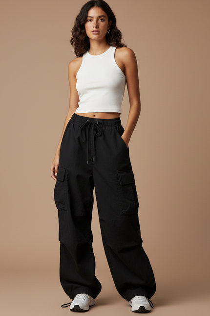 Pantalon Cargo Noir Ample Coton Taille Haute Femme